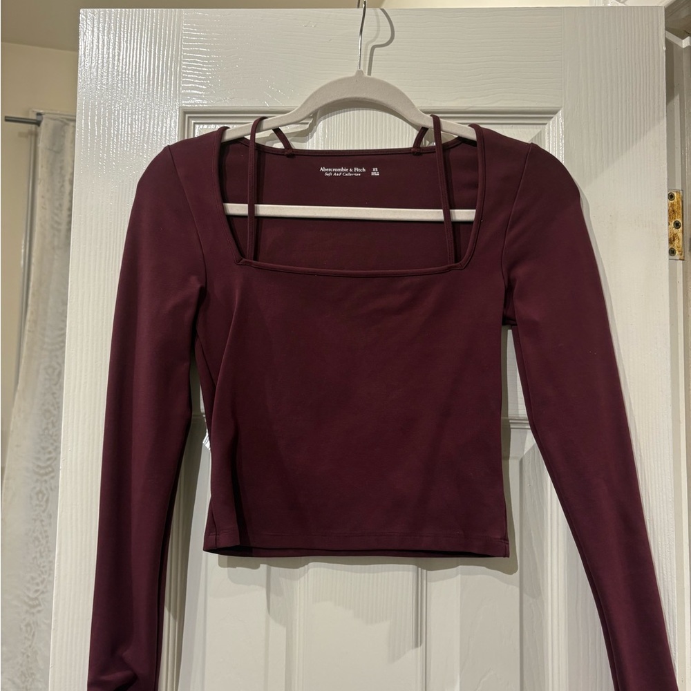 Abercrombie Soft Maroon Strappy Square Neck Long Sleeve Crop Top